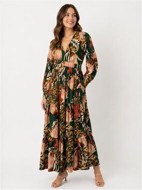 Pearl Pagoda Monarch Butterfly Long Sleeve Green Cottagecore Maxi Dress